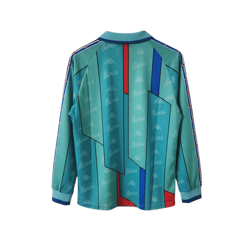 Hinchas Sportswear Store retro FC Barcelona 1995-97 away long sleeve jersey in turquoise with all-over 'Barça' print and Kappa stripes.