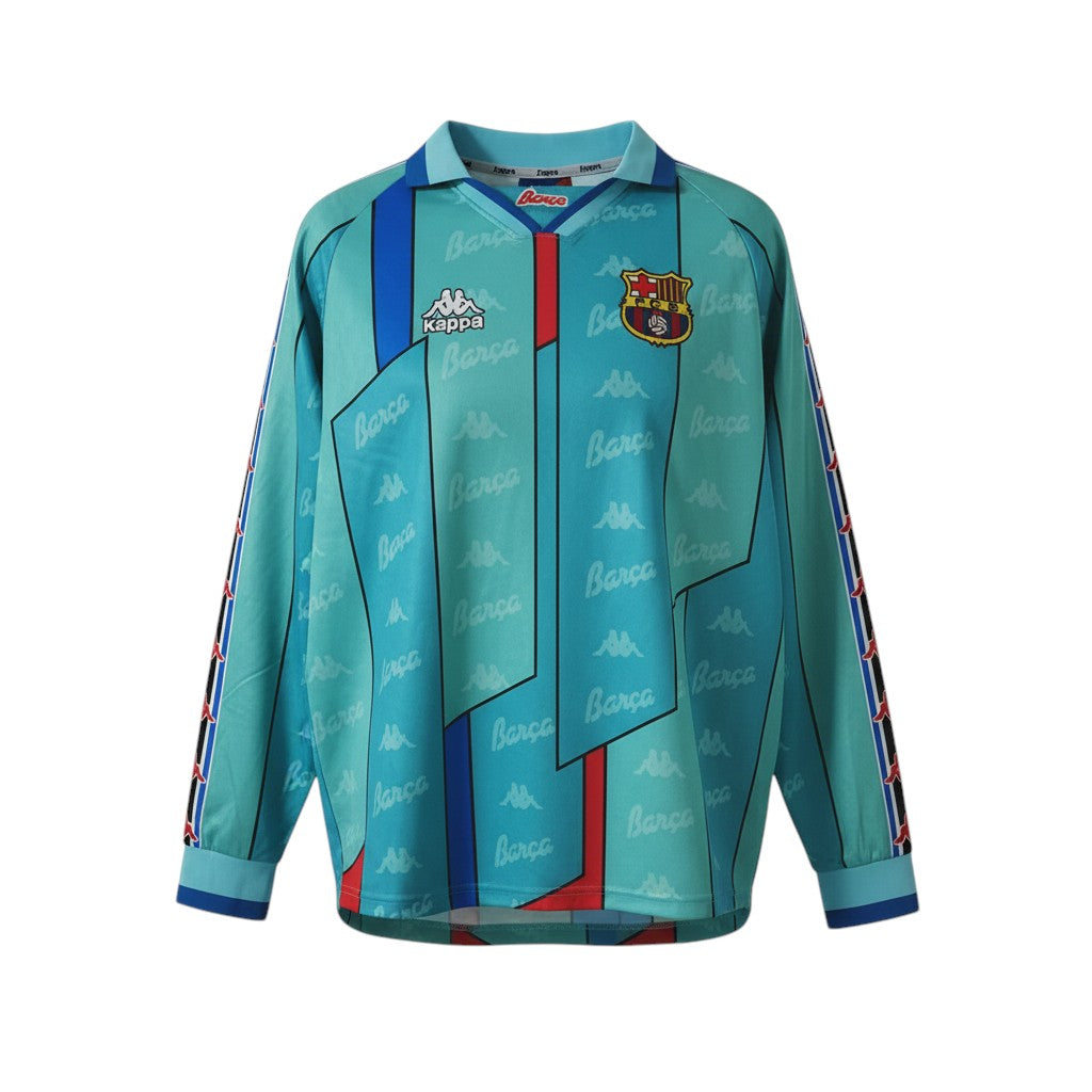 Hinchas Sportswear Store retro FC Barcelona 1995-97 away long sleeve jersey in turquoise with all-over 'Barça' print and Kappa sleeve stripes.