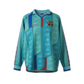 Hinchas Sportswear Store retro FC Barcelona 1995-97 away long sleeve jersey in turquoise with all-over 'Barça' print and Kappa sleeve stripes.