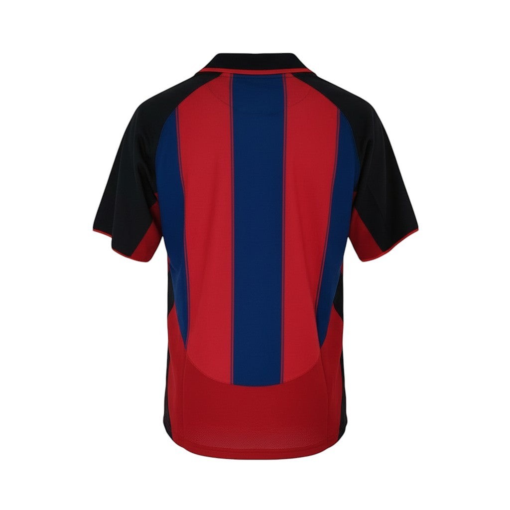 Hinchas Sportswear Store FC Barcelona 2003-04 retro home jersey with blue and red vertical stripes and black sleeves.