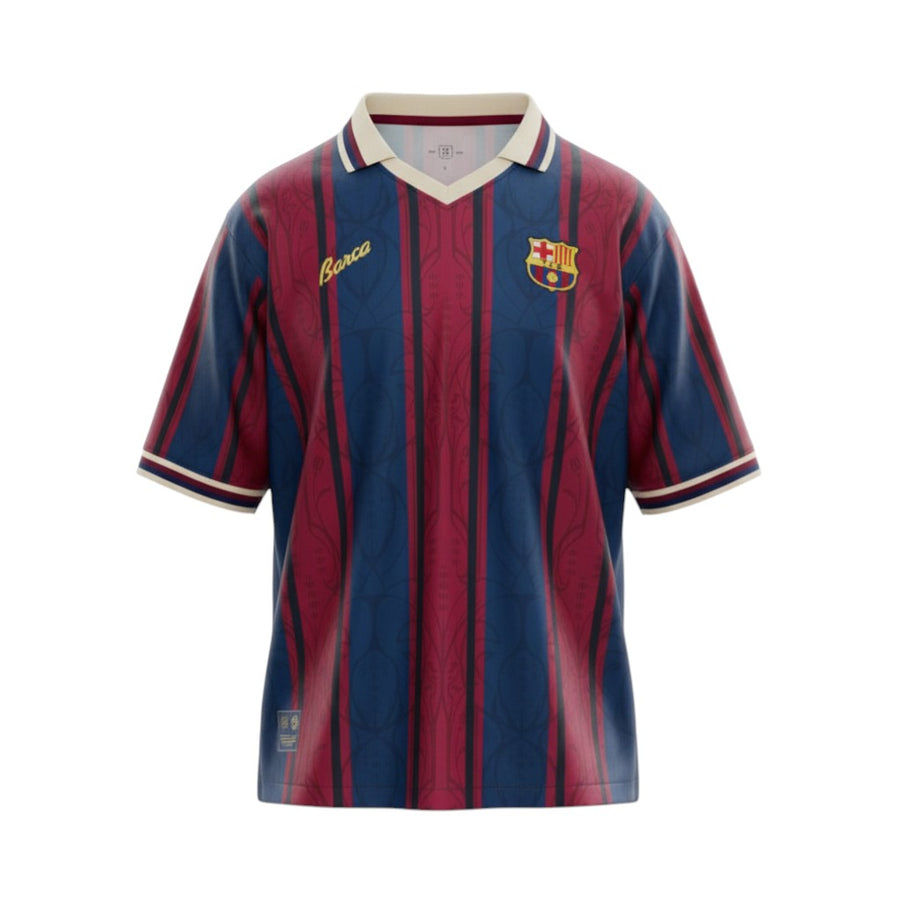 Hinchas Sportswear Store FC Barcelona retro jersey, blue and red vertical stripes, embroidered crest, cream collar.