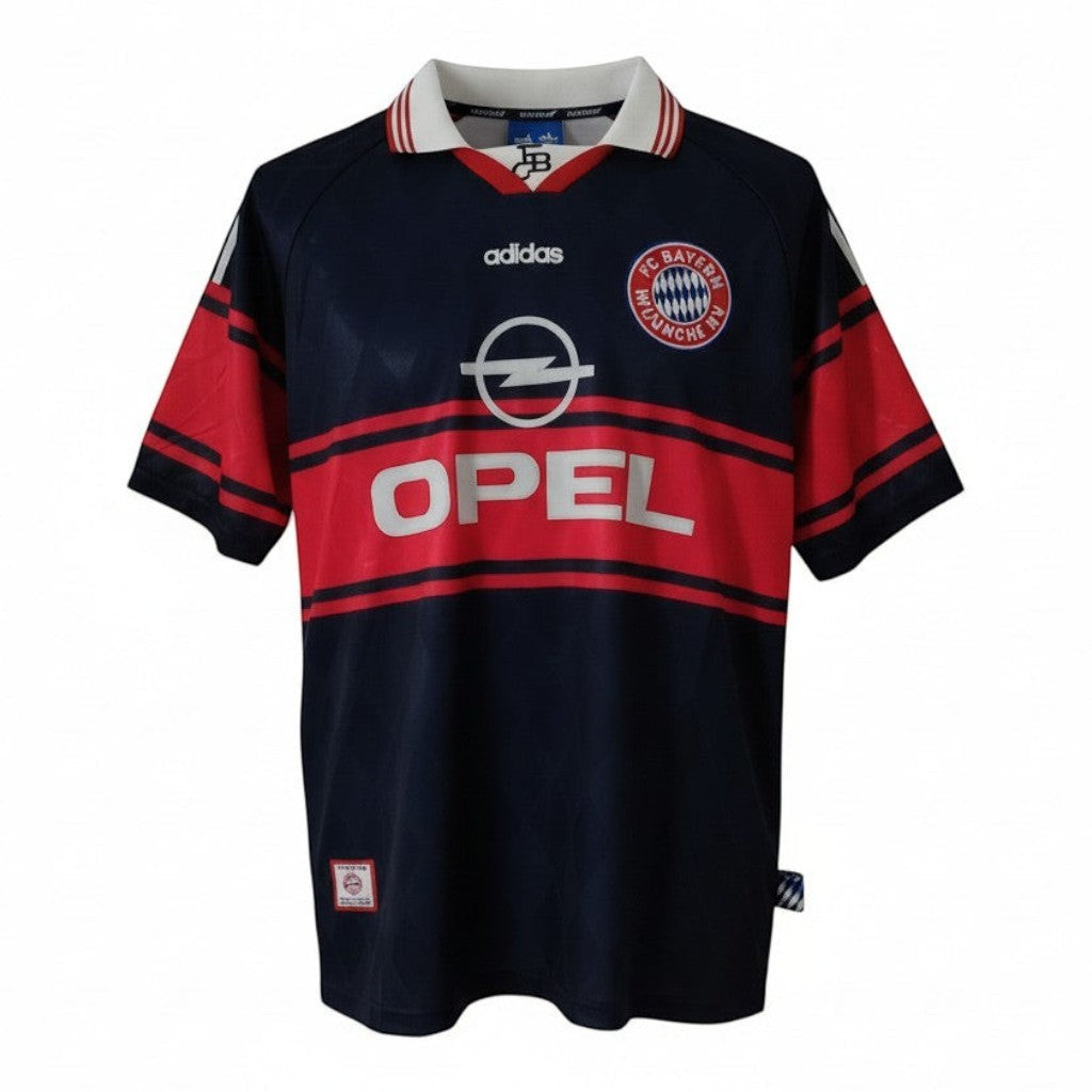 Hinchas Sportswear Store FC Bayern München 1997/99 away jersey, navy with red stripes, Opel sponsor, Adidas.