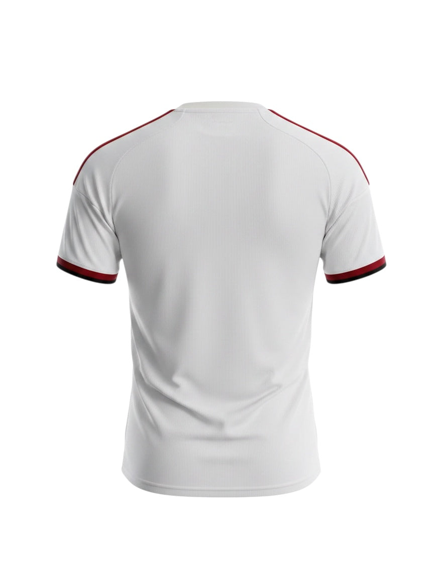 Camiseta de fútbol blanca Hinchas Sportswear Store con detalles rojos y negros, tecnología Climacool, temporada 2026/27.