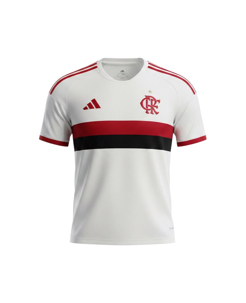 Camiseta de fútbol blanca del Flamengo 2026/27 de Adidas con franja roja y negra en el pecho y tecnología Climacool.