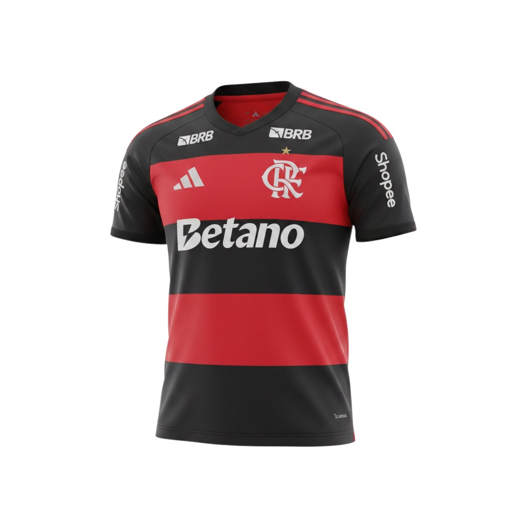 Camiseta de fútbol roja y negra de Hinchas Sportswear Store con rayas horizontales, logo de Adidas y patrocinador Betano. Tecnología Climacool.