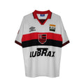 Hinchas Sportswear Store Flamengo retro white away jersey 1995 Umbro with red and black chest band, V-neck, and sponsor logos.