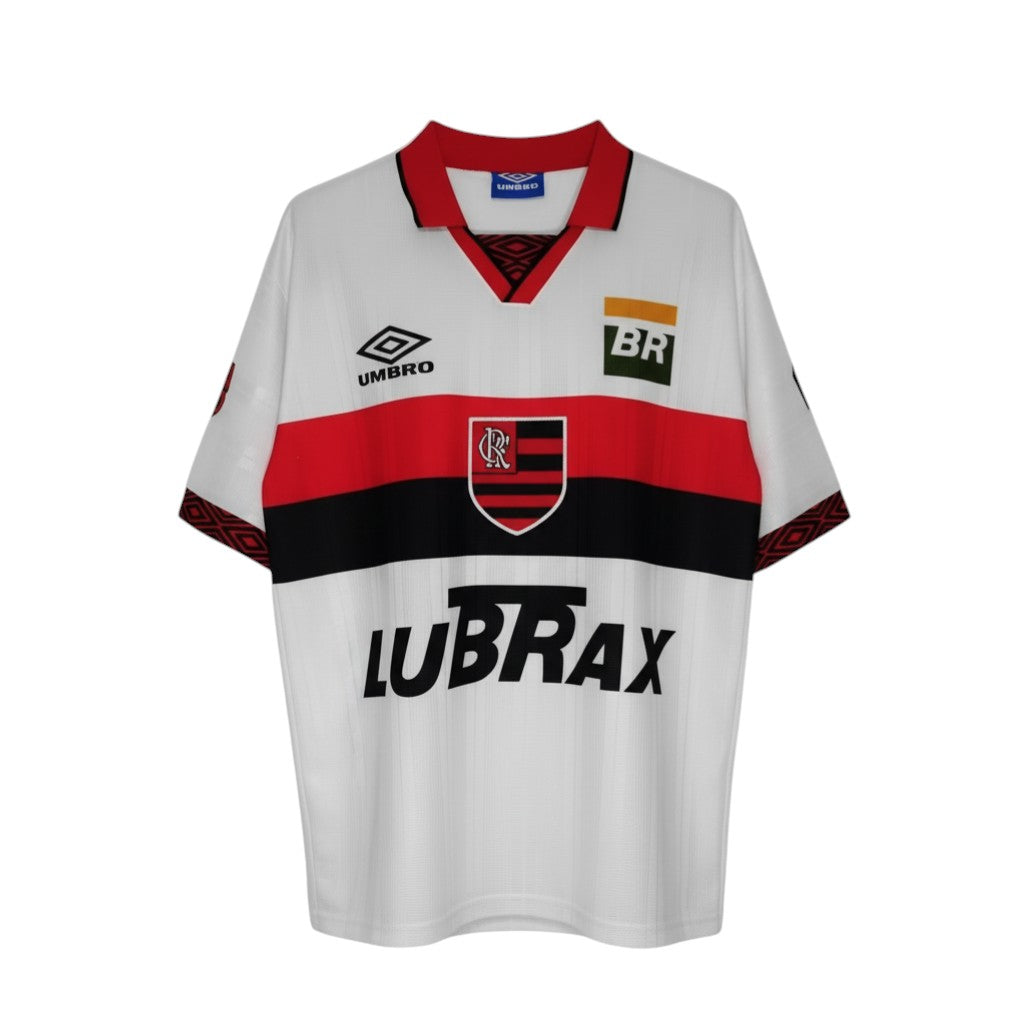 Hinchas Sportswear Store Flamengo retro white away jersey 1995 Umbro with red and black chest band, V-neck, and sponsor logos.