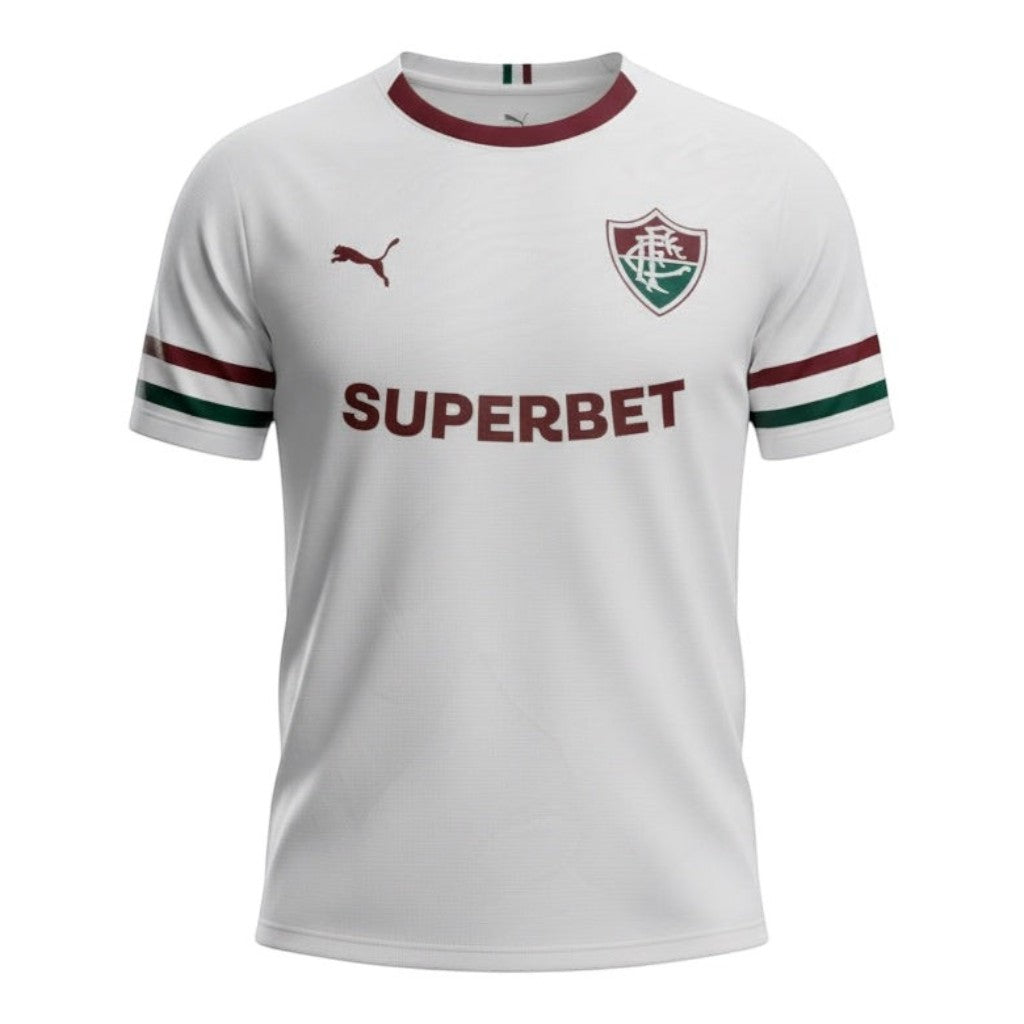Hinchas Sportswear Store Fluminense 2025/26 white away jersey with maroon and green trim. Features embroidered crest and Superbet sponsor.