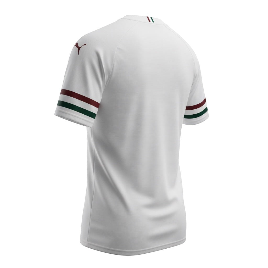 Hinchas Sportswear Store white Fluminense 2025/26 away jersey with maroon and green sleeve stripes and Puma logo.