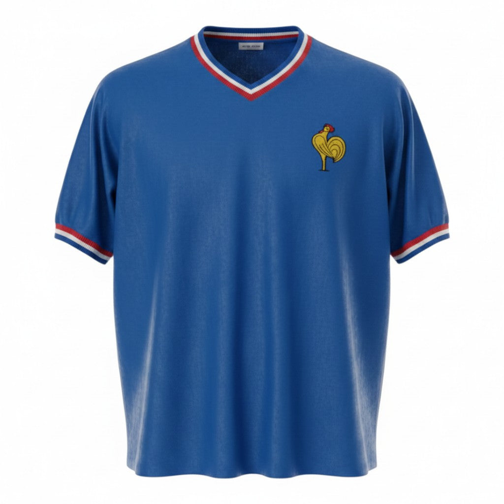 Hinchas Sportswear Store royal blue 1971 France retro football jersey with V-neck and tricolor trim, featuring embroidered golden rooster emblem.