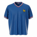 Hinchas Sportswear Store royal blue 1971 France retro football jersey with V-neck and tricolor trim, featuring embroidered golden rooster emblem.
