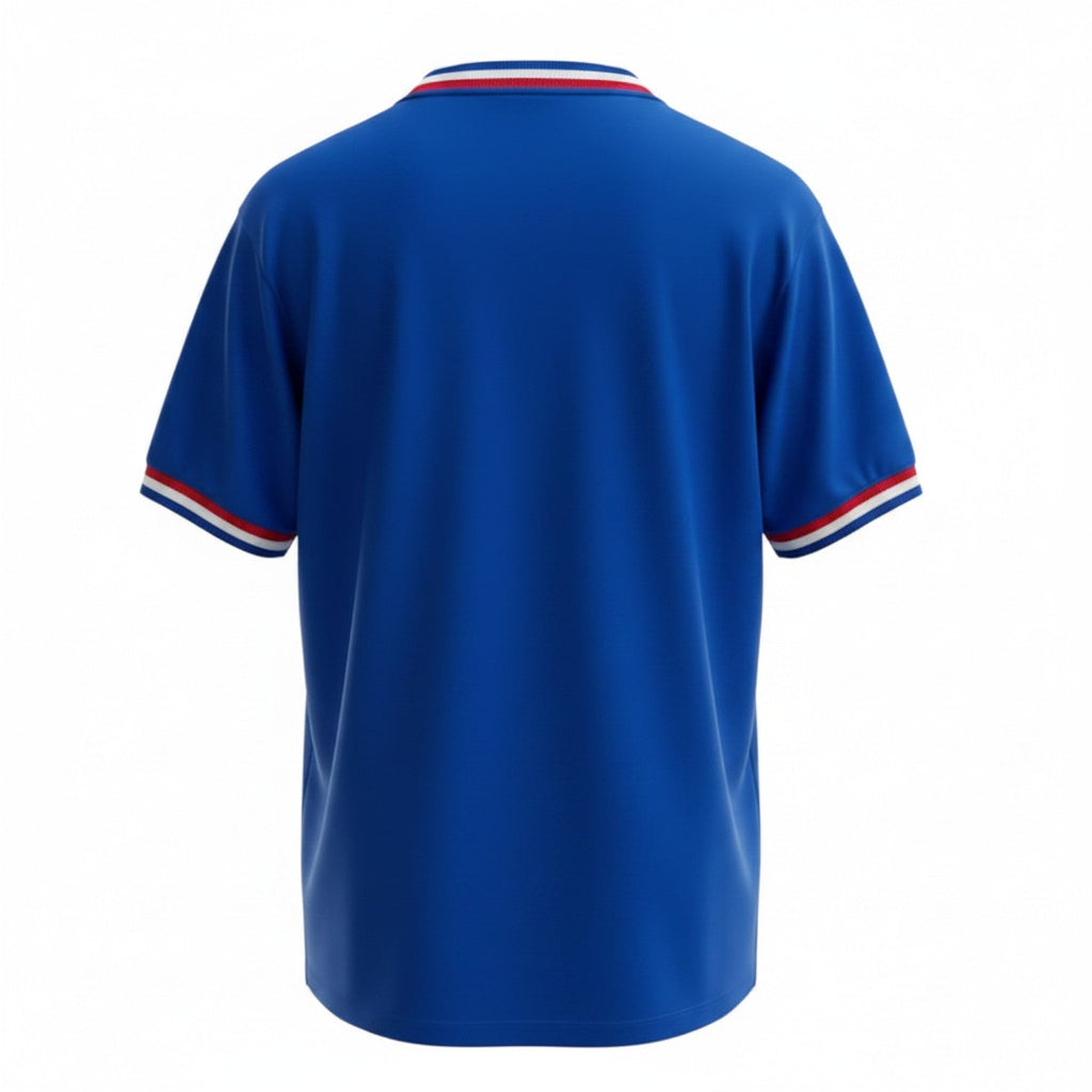 Hinchas Sportswear Store royal blue 1971 France retro football jersey with tricolor trim on collar and cuffs.