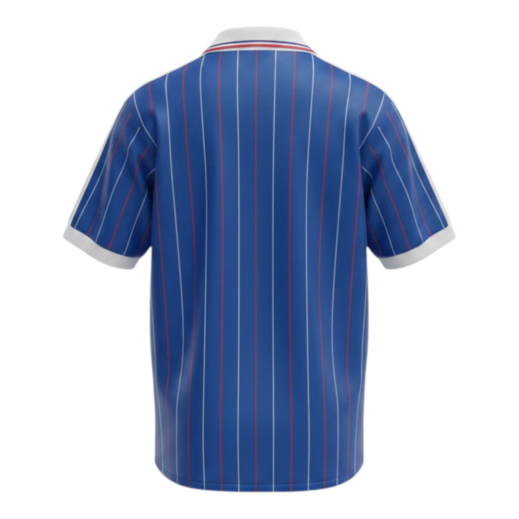 Hinchas Sportswear Store navy blue France 1982 World Cup retro jersey with white and red vertical pinstripes, white collar, and Adidas three stripes.