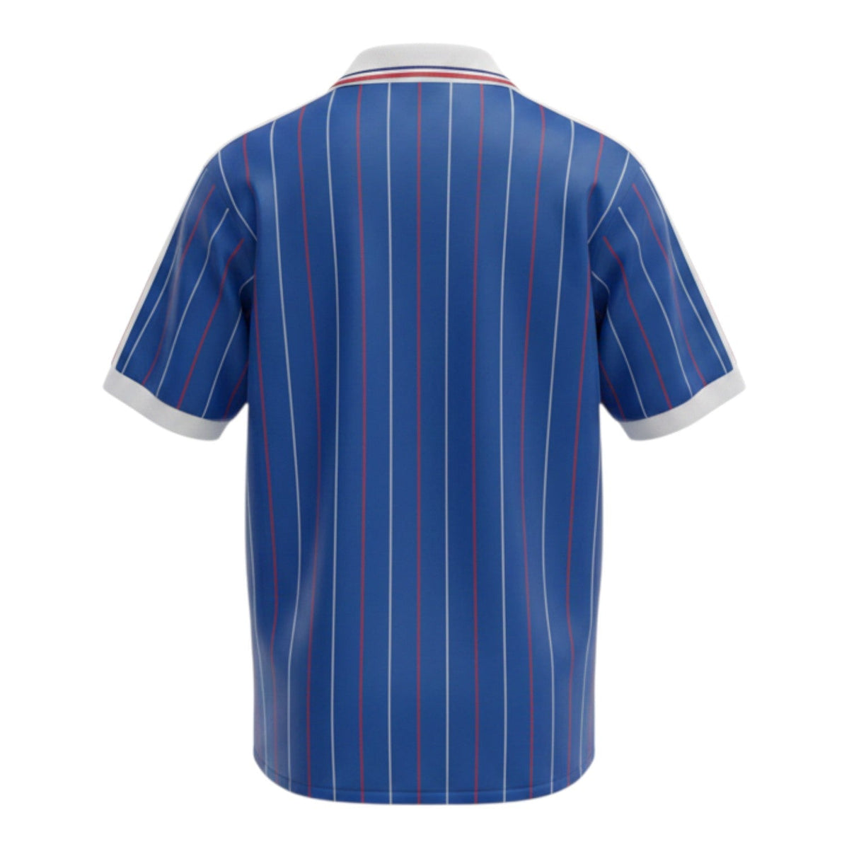 Hinchas Sportswear Store navy blue France 1982 World Cup retro jersey with white and red vertical pinstripes, white collar, and Adidas three stripes.