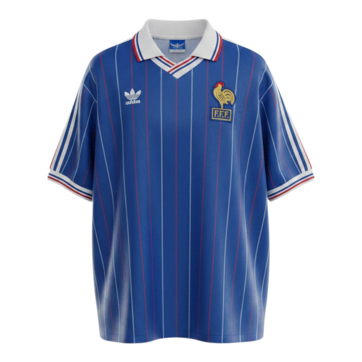 Hinchas Sportswear Store navy blue France 1982 World Cup retro jersey with white pinstripes, Adidas logo, and FFF rooster crest.