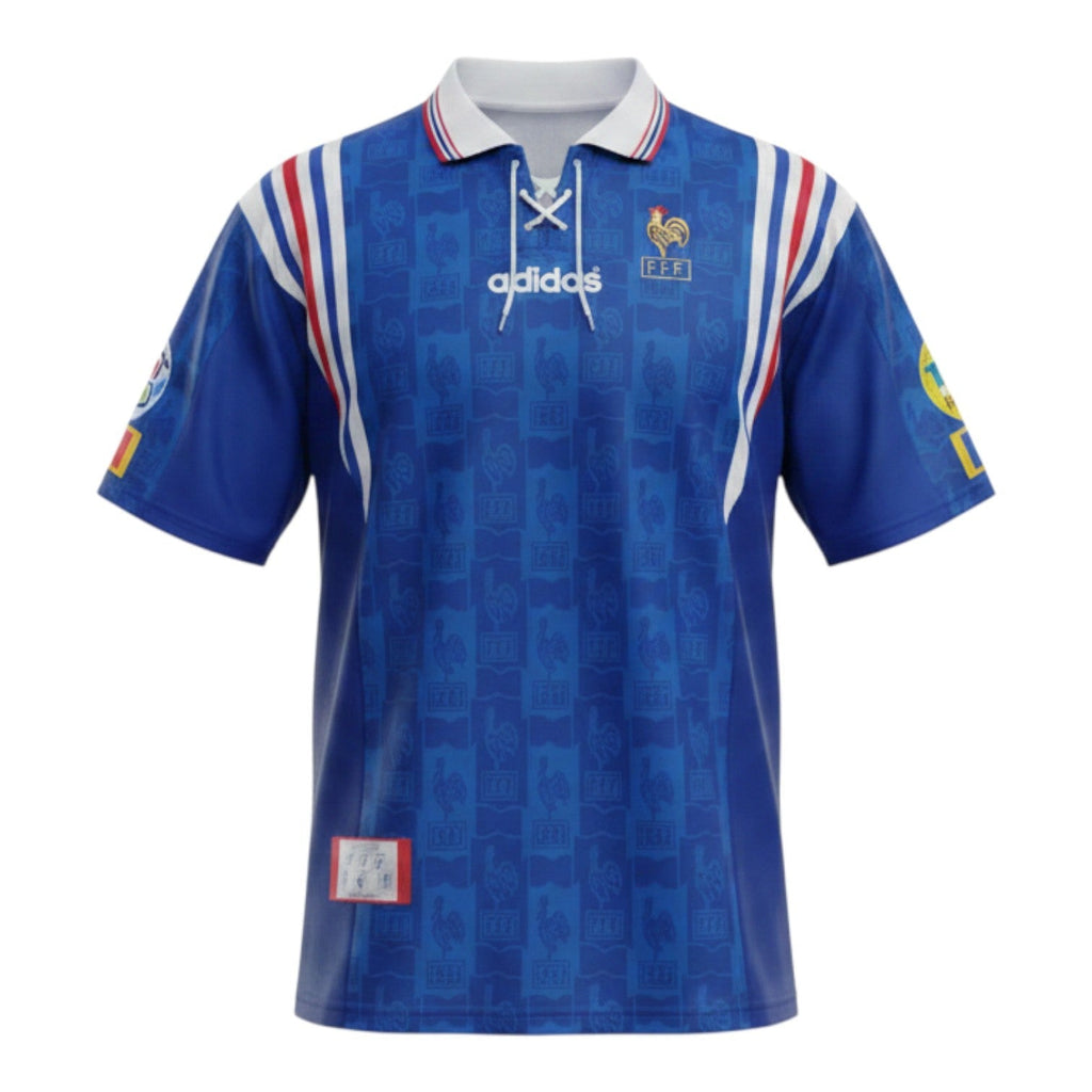 Hinchas Sportswear Store royal blue Adidas France 1996 Euro home jersey with white lace-up polo collar and all-over rooster pattern.