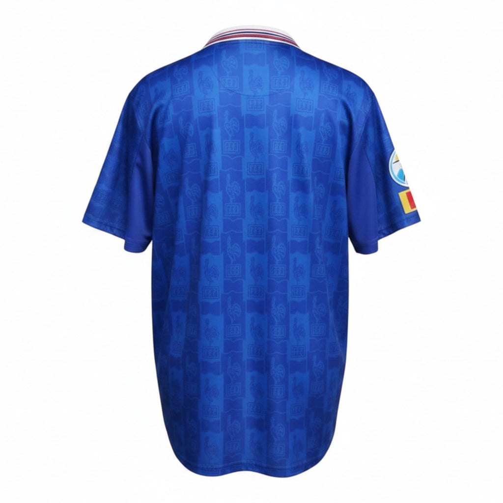 Hinchas Sportswear Store retro royal blue France 1996 Euro home jersey with all-over jacquard rooster pattern and UEFA patches.