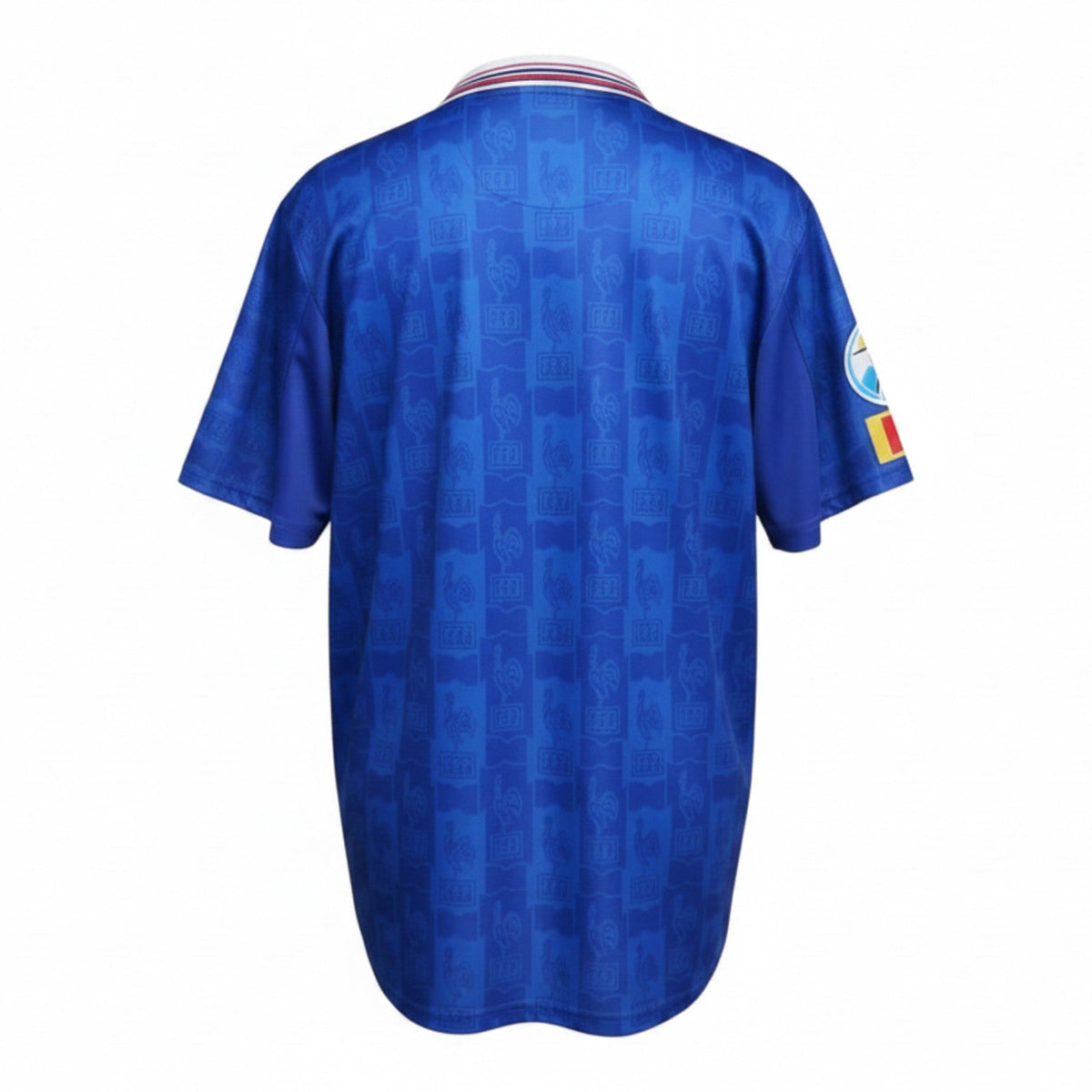 Hinchas Sportswear Store retro royal blue France 1996 Euro home jersey with all-over jacquard rooster pattern and UEFA patches.