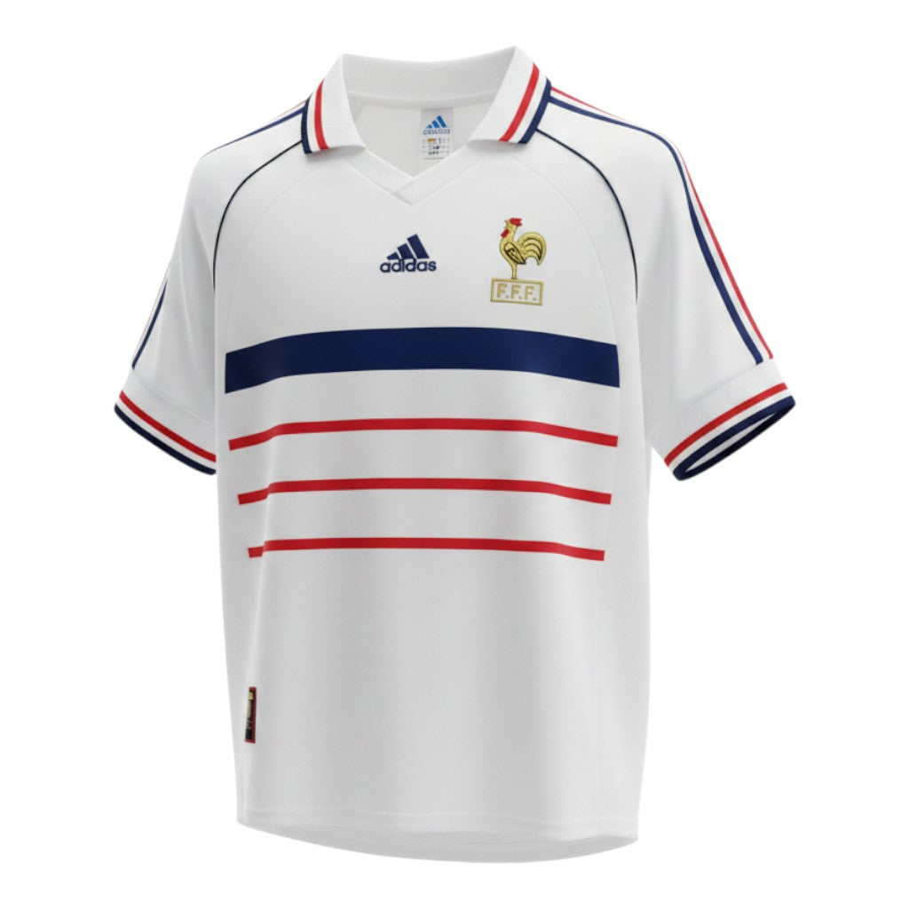 Hinchas Sportswear Store white France 1998 World Cup away jersey with navy blue and red stripes, Adidas logo, and FFF crest.