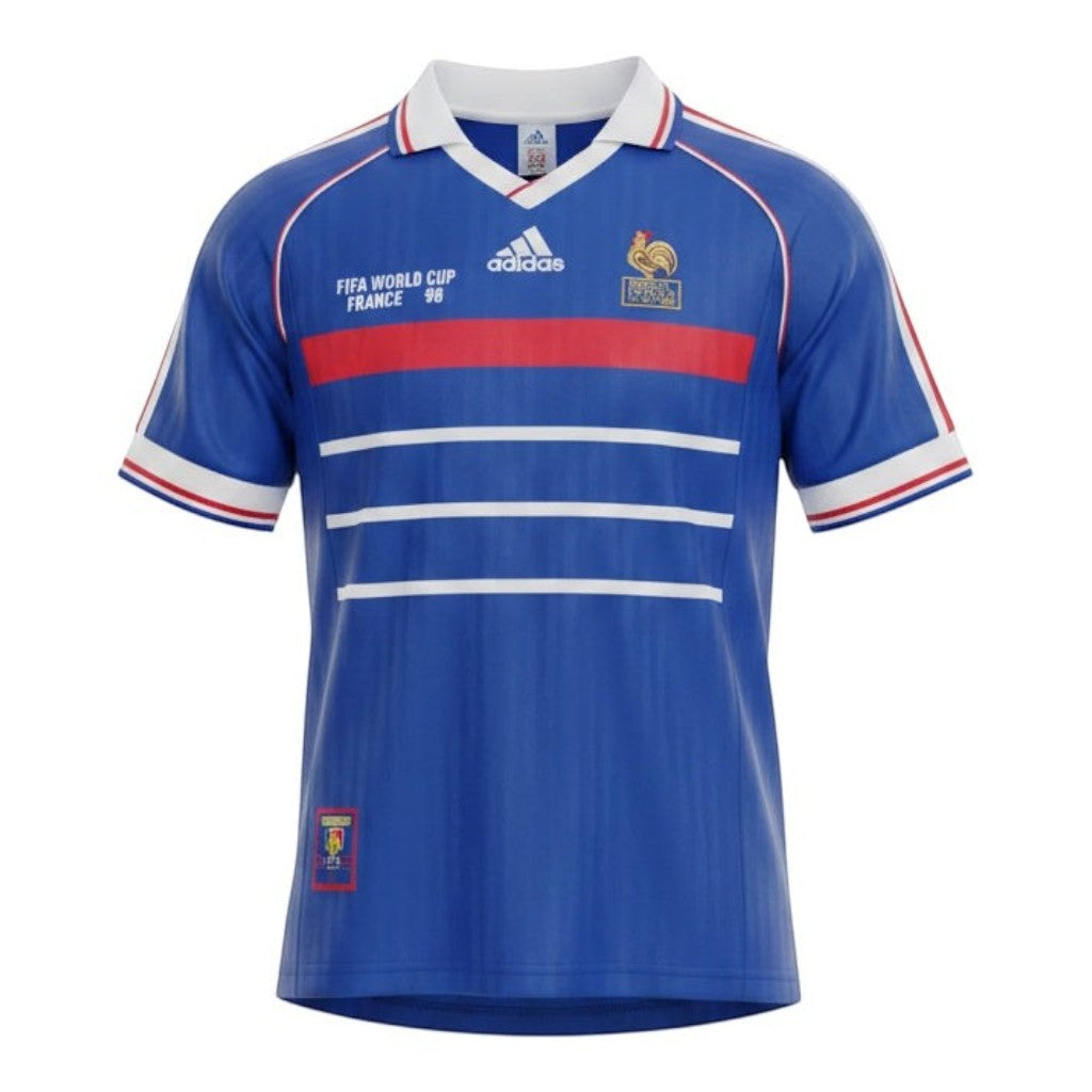 Hinchas Sportswear Store royal blue Adidas France 1998 World Cup home jersey with red and white stripes, V-neck, and embroidered crest.