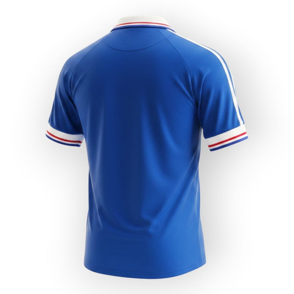 Hinchas Sportswear Store royal blue Adidas France 1998 World Cup retro jersey with white collar and sleeve cuffs trimmed in red and white.