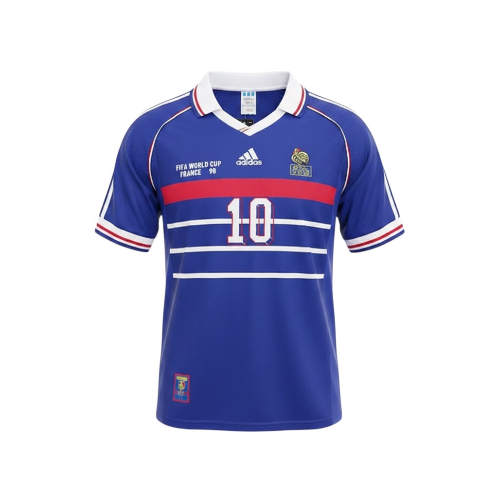 Hinchas Sportswear Store retro blue France 1998 World Cup home jersey with Zidane #10 and tricolor accents.