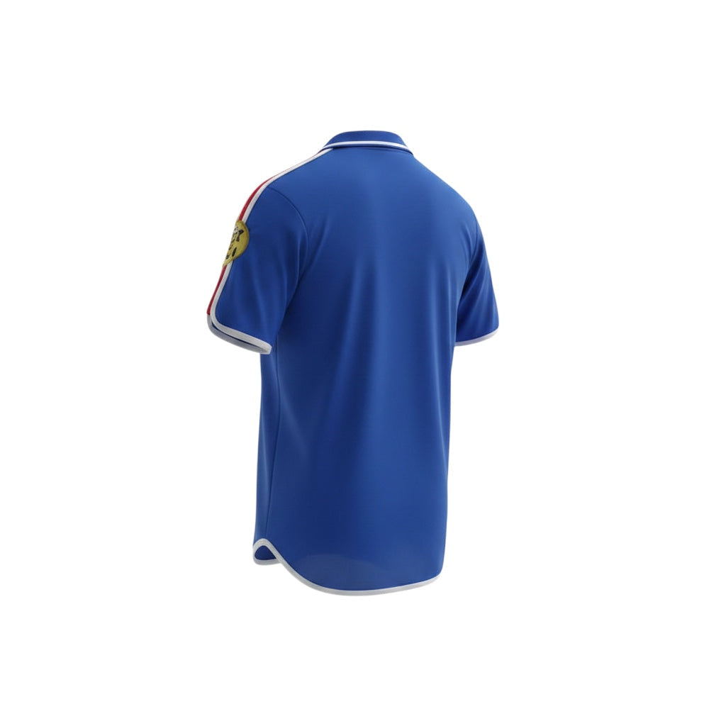 Hinchas Sportswear Store retro France 2000 Euro home jersey, royal blue with white and red trim, polo collar, half-zip, Adidas stripes.