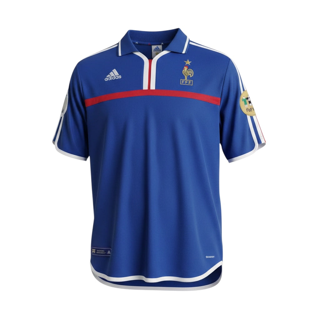 Hinchas Sportswear Store France 2000 retro royal blue Adidas football jersey with half-zip polo collar, FFF crest, and Euro 2000 patches.