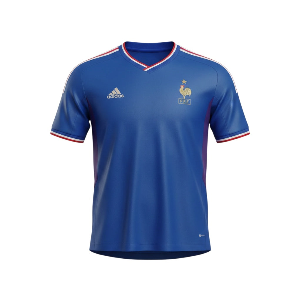 Hinchas Sportswear Store royal blue Adidas France 2002 World Cup home jersey with tricolor stripes and FFF crest.