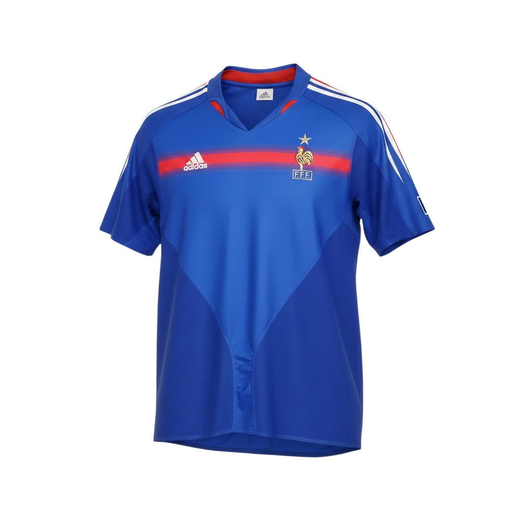 Hinchas Sportswear Store retro France 2004 home jersey, royal blue Adidas football shirt with red stripe and FFF crest.