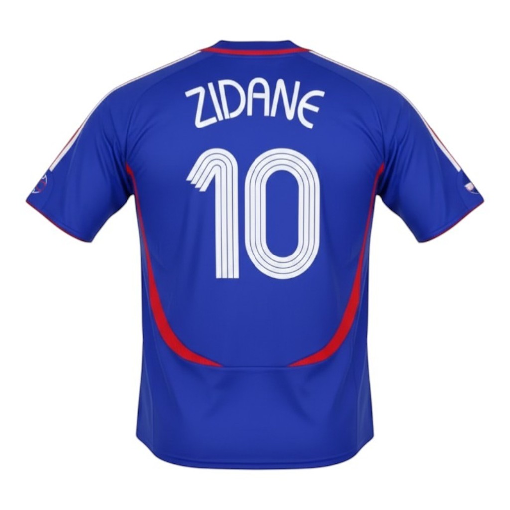 Hinchas Sportswear Store France 2006 retro jersey with Zidane 10 on the back. Blue with red and white trim.