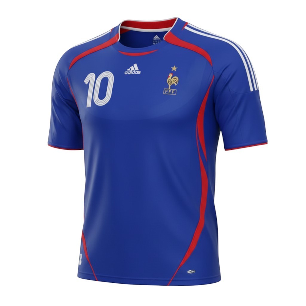 Hinchas Sportswear Store France 2006 retro jersey with Zidane's number 10 in white. Blue shirt with red and white Adidas stripes.