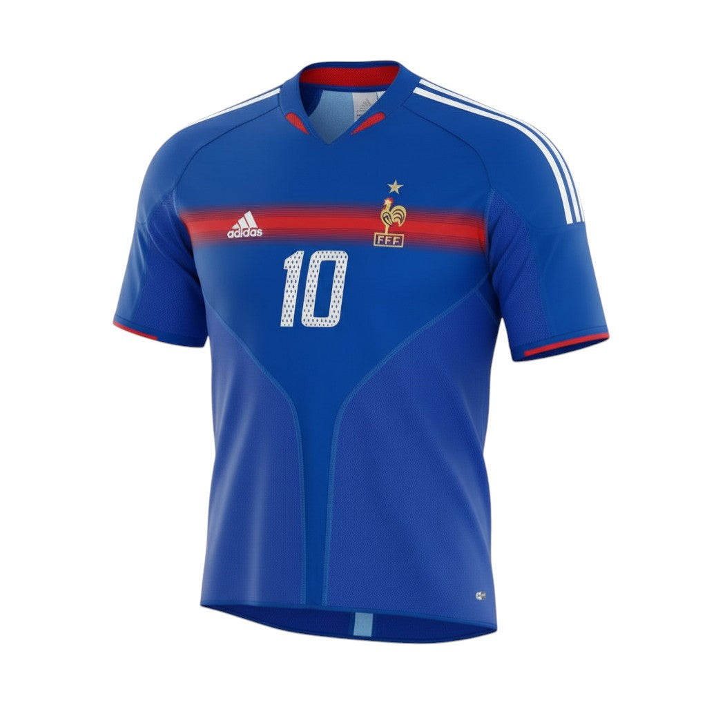 Hinchas Sportswear Store France Zidane Euro 2004 retro jersey, blue with white Adidas stripes and red chest band, number 10.