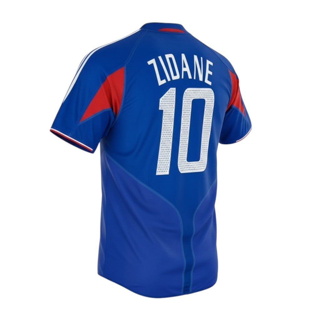 Hinchas Sportswear Store France Zidane Euro 2004 retro jersey, blue with red and white accents, number 10 on back.