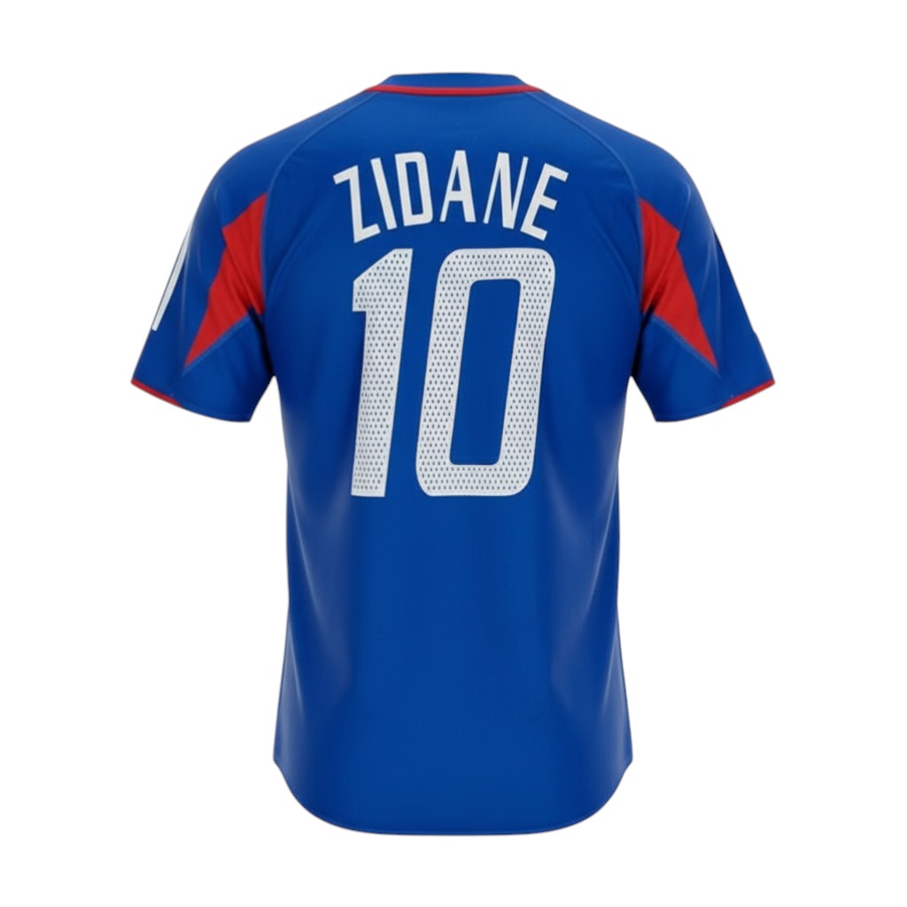 Hinchas Sportswear Store France Zidane Euro 2004 retro jersey, blue with red and white accents, number 10 on back.