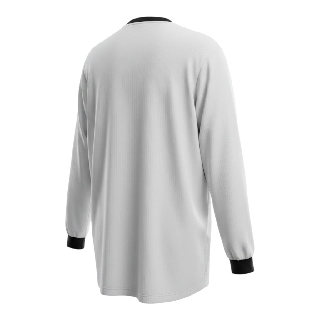 Hinchas Sportswear Store white long-sleeve Germany 125th Anniversary football jersey with navy trim and subtle pinstripe texture.