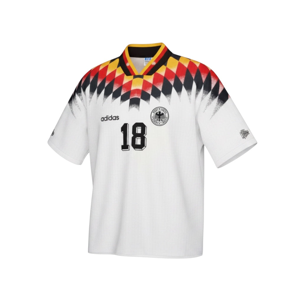 Hinchas Sportswear Store white 1994 Germany retro jersey with black, red, and yellow diamond pattern on shoulders and Klinsmann's number 18.