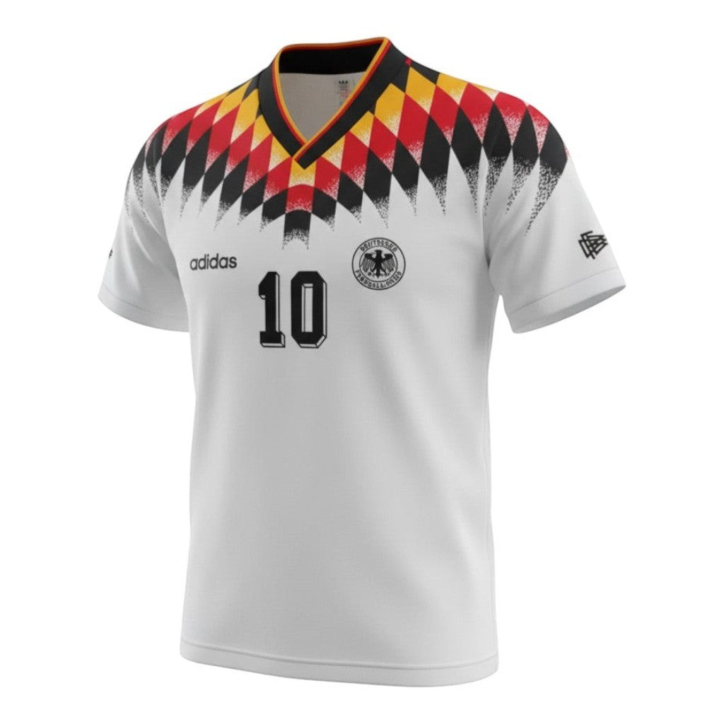 Hinchas Sportswear Store Germany 1994 retro jersey with Matthäus #10. White with black, red, and yellow diamond pattern on shoulders.