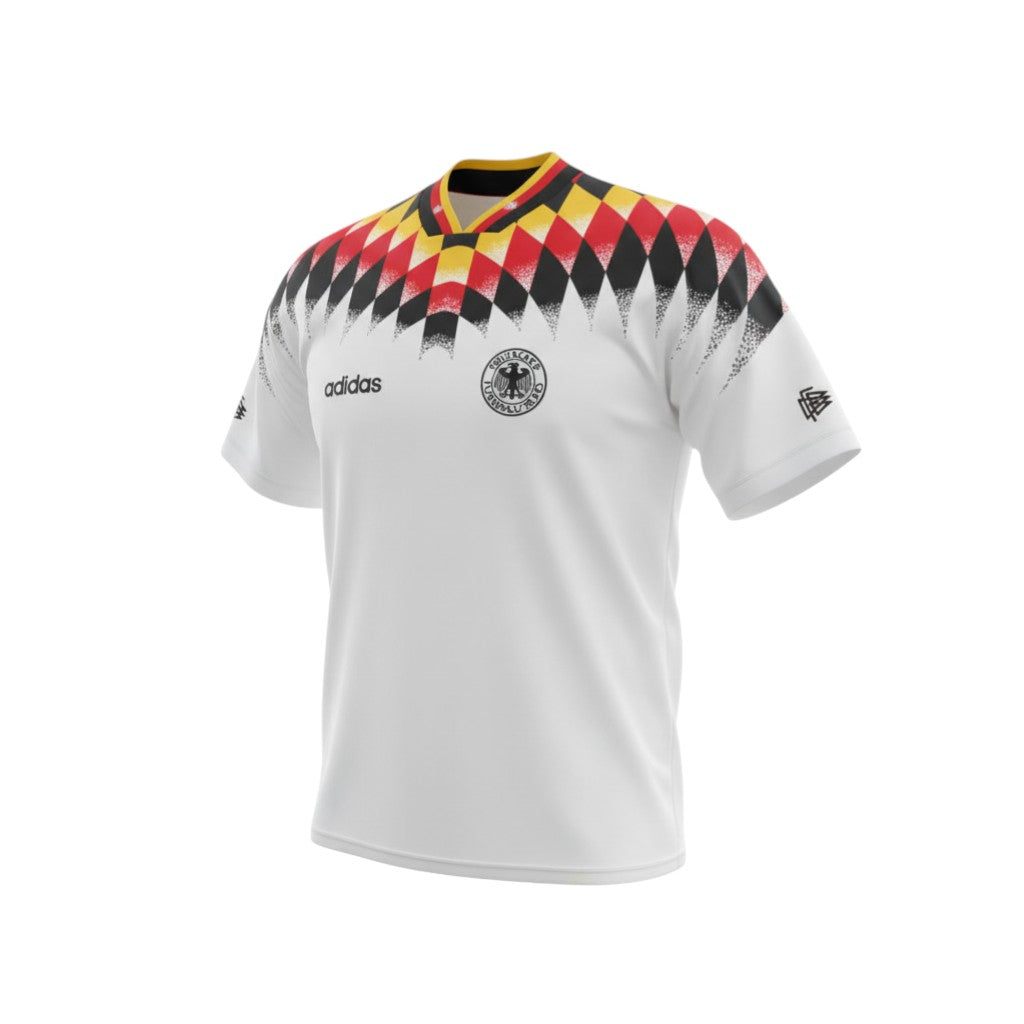 Hinchas Sportswear Store Germany 1994 retro white football kit with black, red, and gold diamond pattern on shoulders.