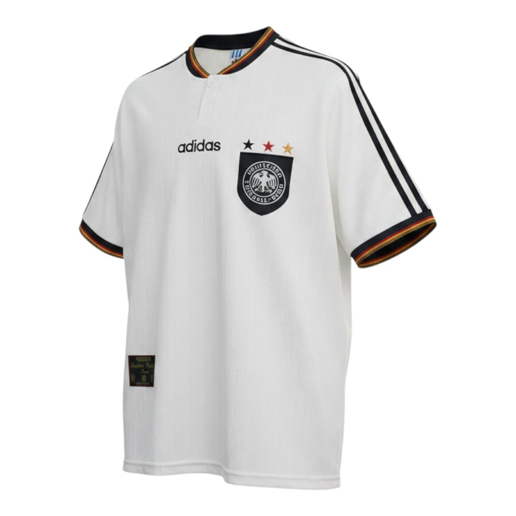 Hinchas Sportswear Store white Adidas Germany 1996 retro football jersey with black stripes, German crest, and tricolor trim.