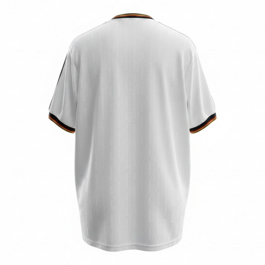 Hinchas Sportswear Store white Adidas Germany 1996 retro jersey with black stripes and German flag trim on collar and cuffs.