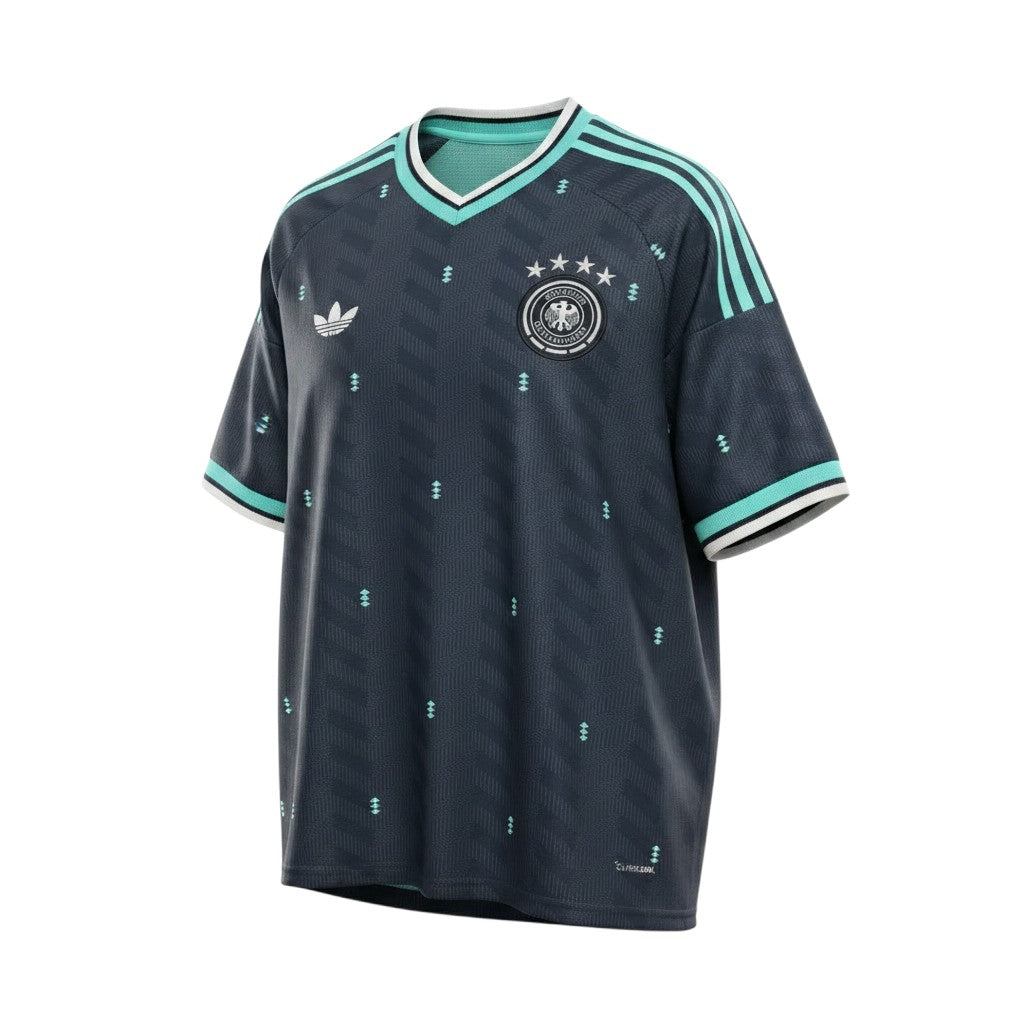 Hinchas Sportswear Store Germany 2026 away jersey in navy blue polyester with mint and white V-neck collar and sleeve cuffs.