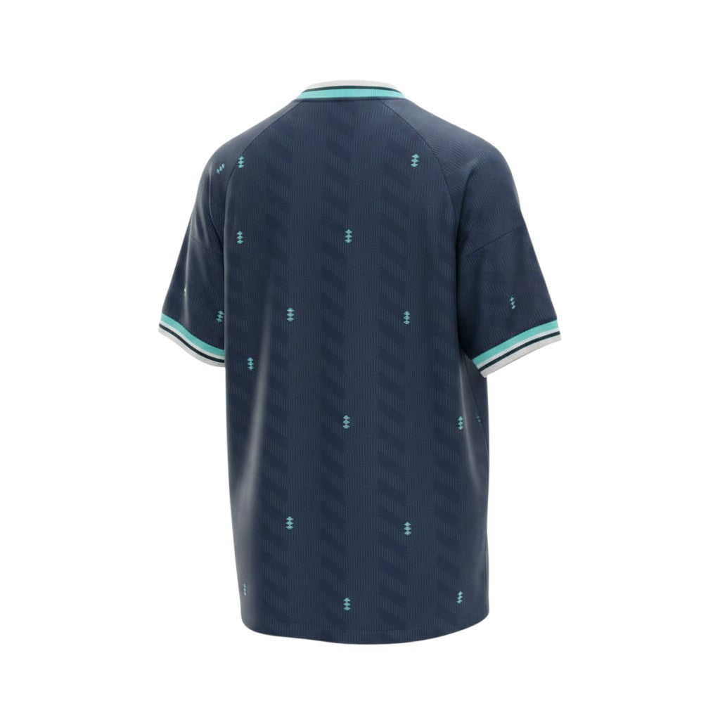 Hinchas Sportswear Store Germany 2026 away jersey in navy blue polyester with mint and white V-neck collar and sleeve cuffs.