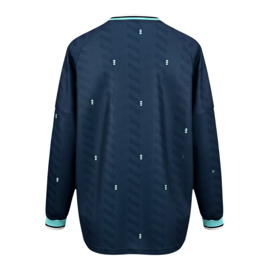 Hinchas Sportswear Store Germany 2026 long sleeve away jersey in navy blue with mint accents and diamond pattern. Climacool polyester.