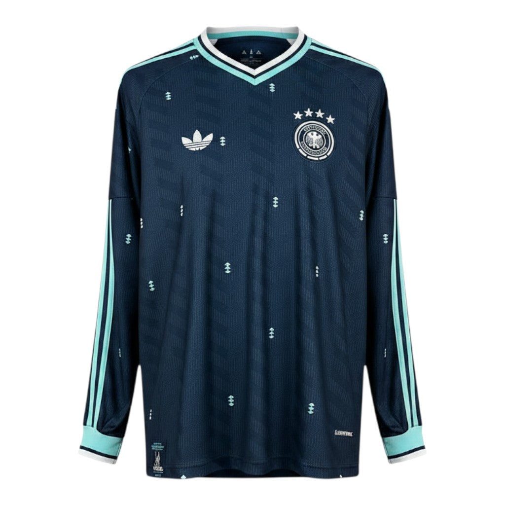 Hinchas Sportswear Store Germany 2026 long sleeve away jersey in navy blue with mint accents and all-over diamond pattern. Features Climacool technology.