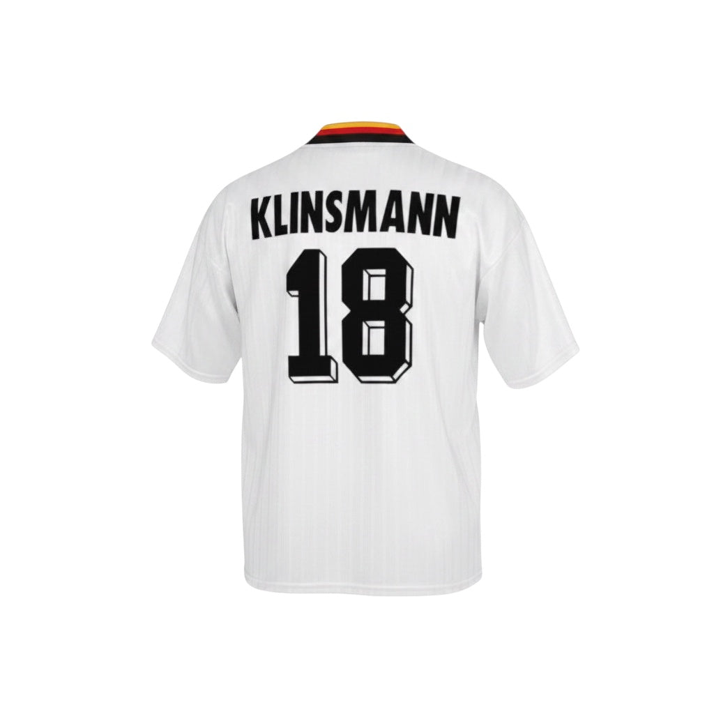 Hinchas Sportswear Store Germany 1994 retro jersey with Klinsmann 18 on the back. White with black and red collar.