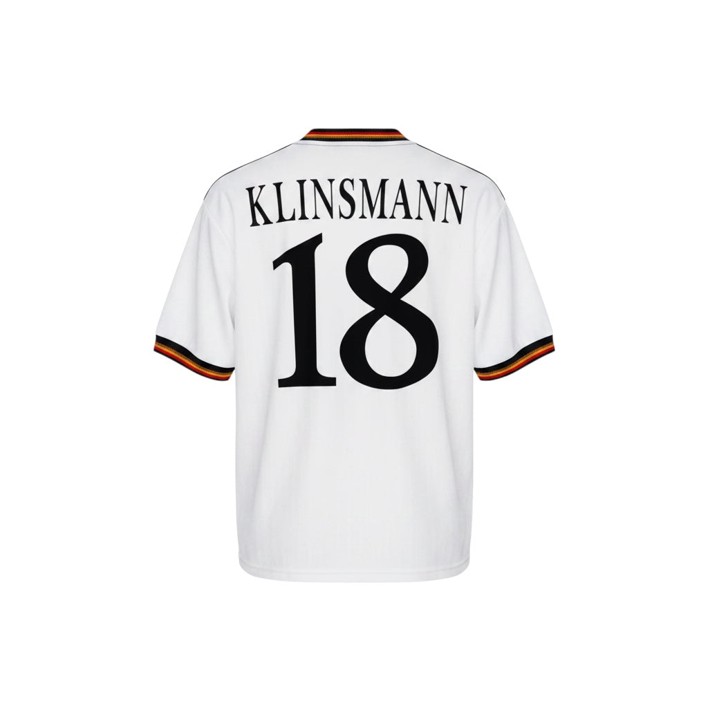 Hinchas Sportswear Store white retro Germany football jersey with Klinsmann 18 on the back and black, red, and yellow striped sleeves.