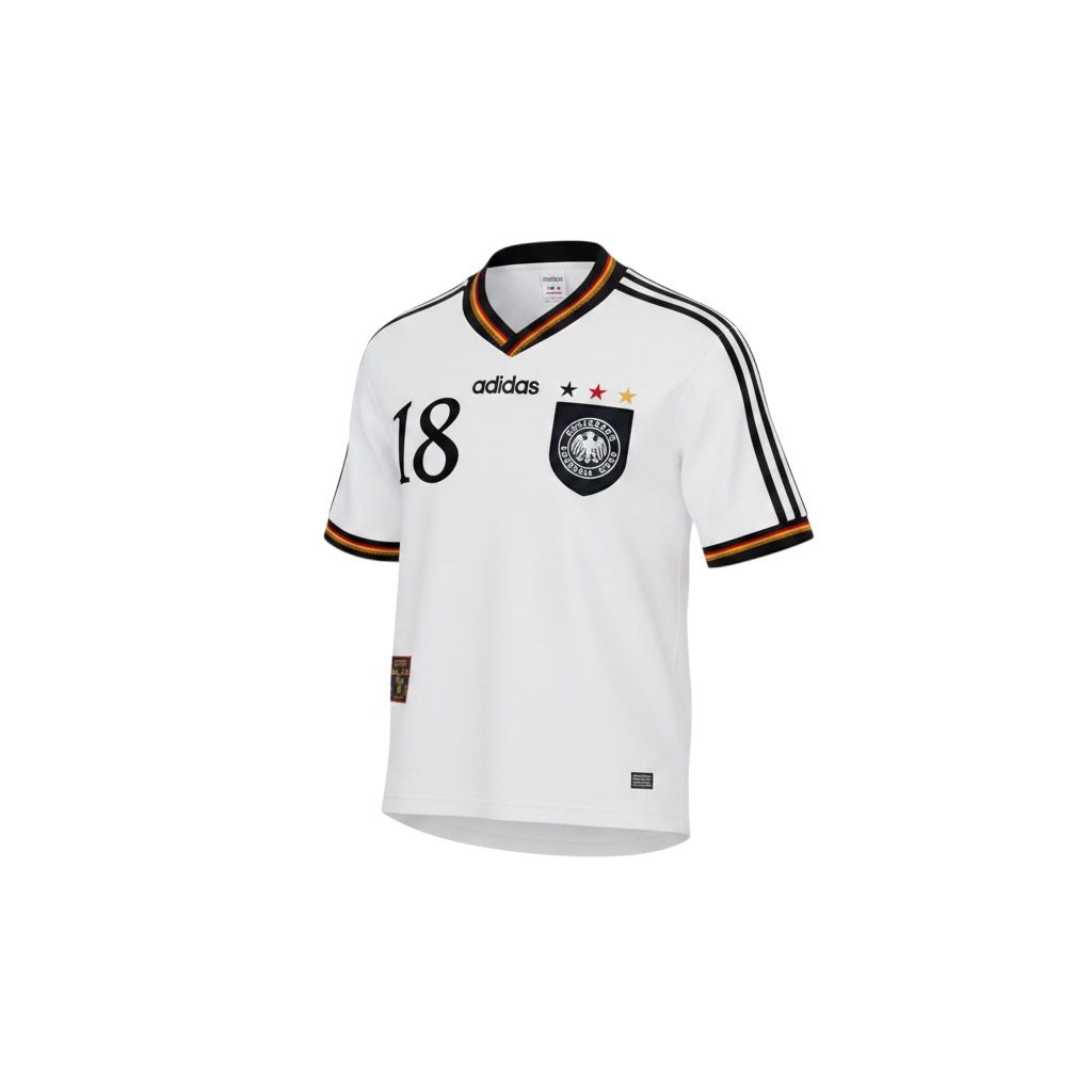 Hinchas Sportswear Store white retro Germany football jersey 1996, featuring Klinsmann's number 18 and classic Adidas stripes.