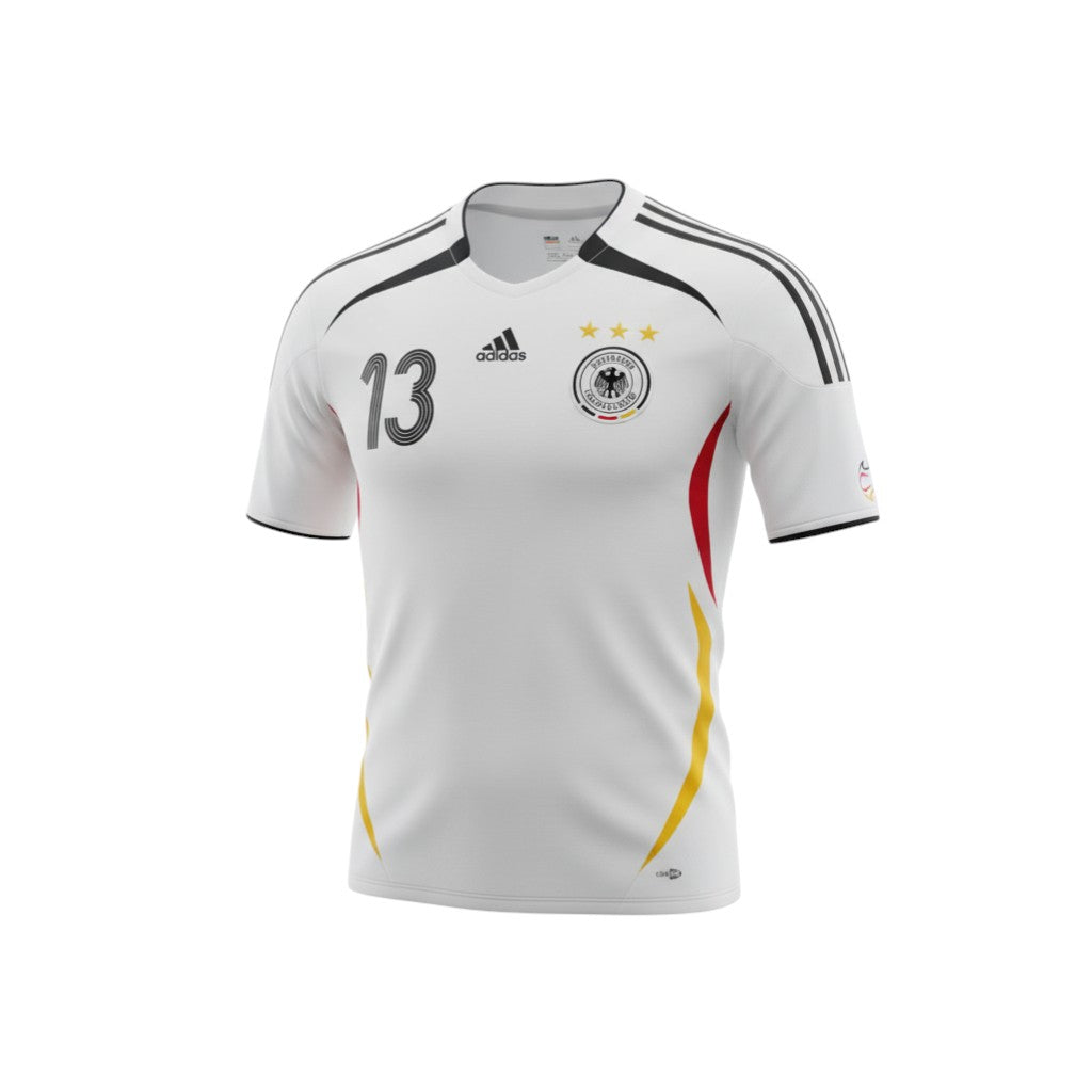 Hinchas Sportswear Store Michael Ballack Germany retro jersey 2005-2007. White Adidas shirt with black stripes, number 13, and German crest.