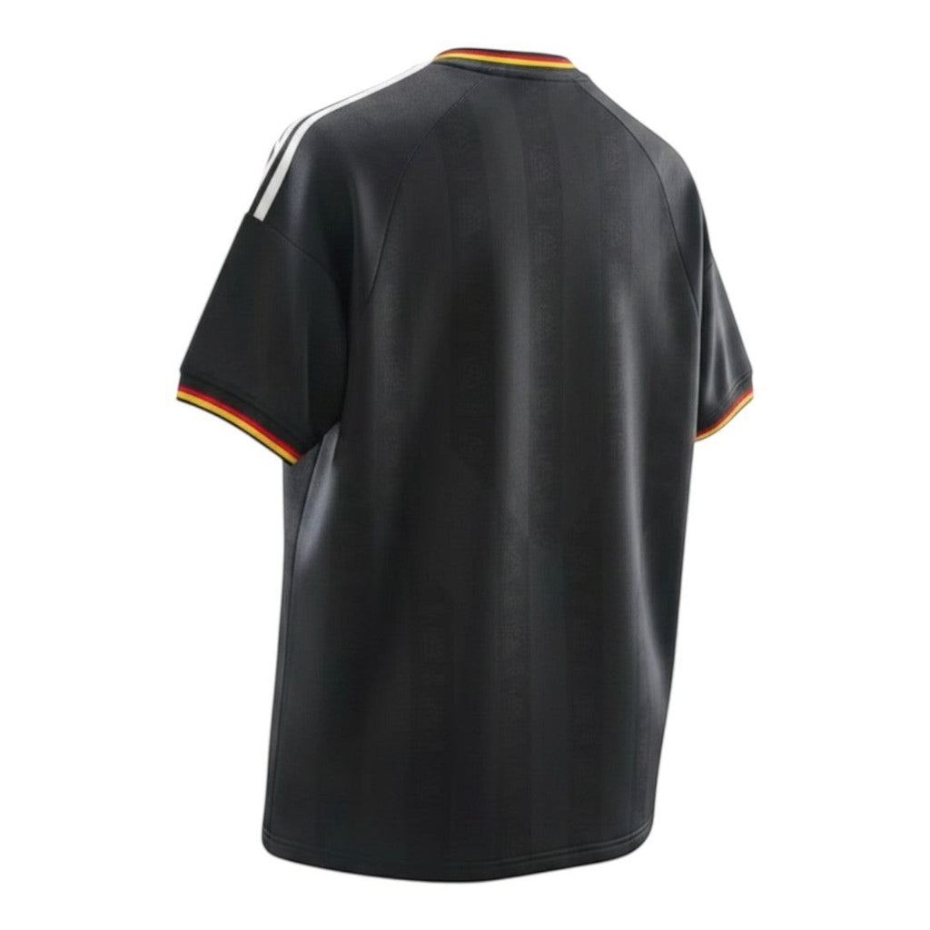 Hinchas Sportswear Store Germany retro black football jersey with ribbed V-neck collar and sleeve cuffs featuring German flag colours.